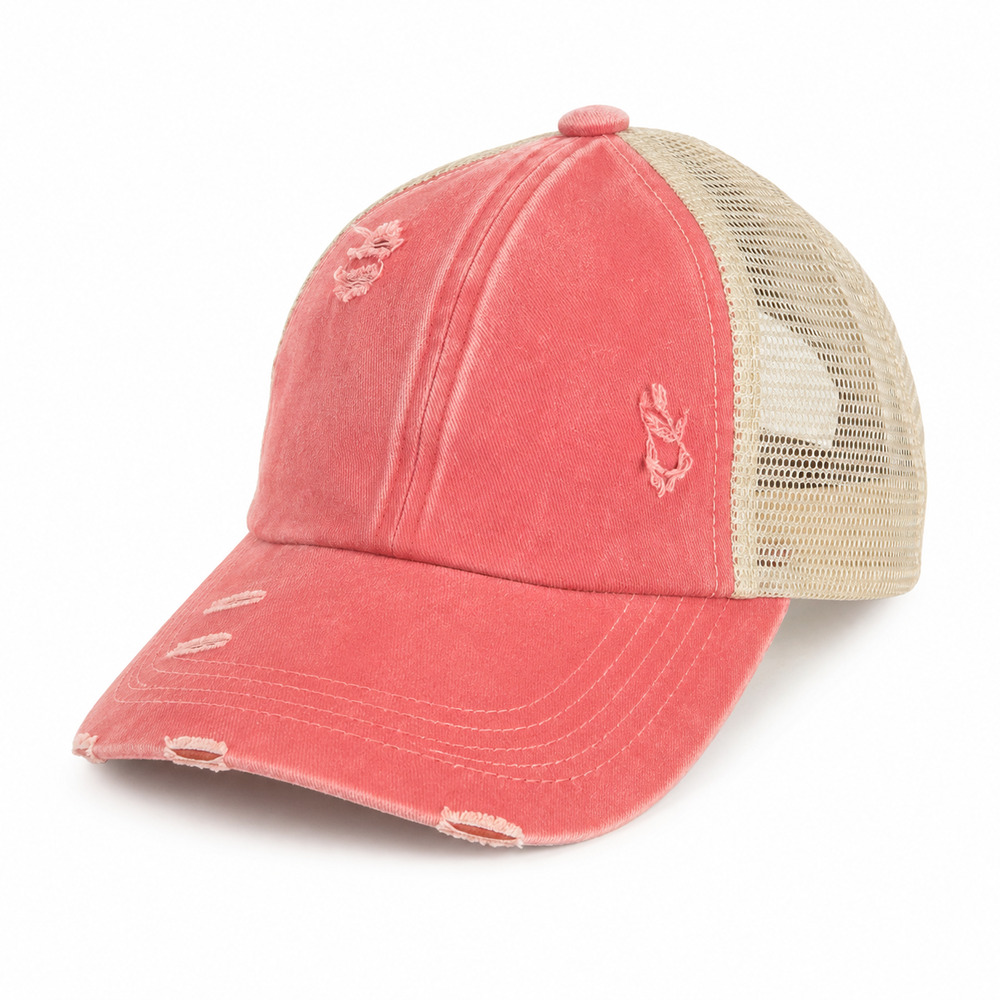 Women's Washed Denim with Crossed Elastic Band Mesh Pony Cap